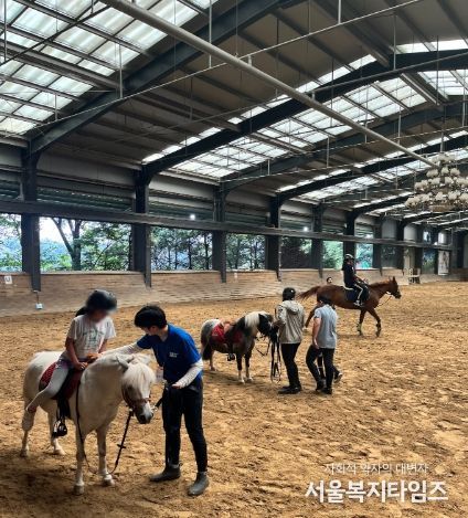 지난 7월 단기스포츠체험으로 관내 청소년이 승마교육을 받는 모습