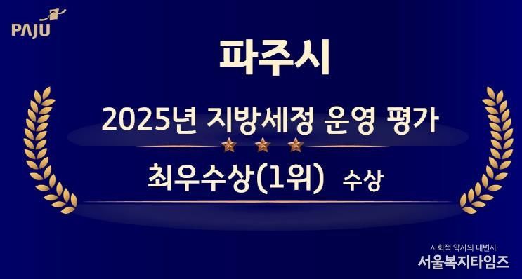 파주시, 2025년 지방세정 운영 평가‘최우수(1위)’선정…1억 원 확보