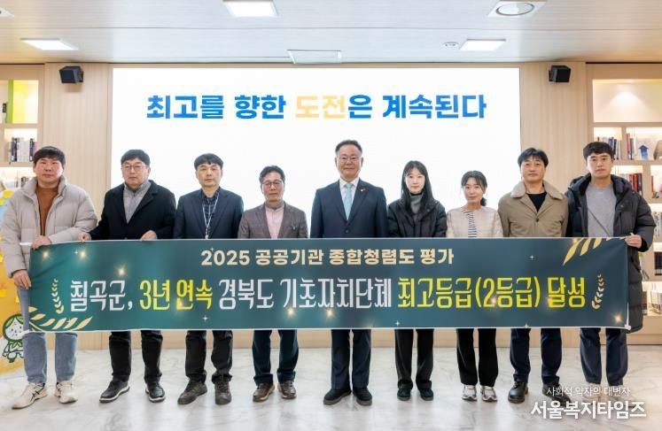 칠곡군, 3년 연속 경북 기초자치단체 ‘최고 청렴도’ 달성