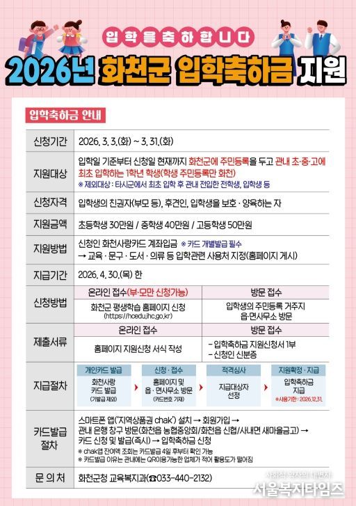 2026년 화천군 입학축하금 지원 안내문